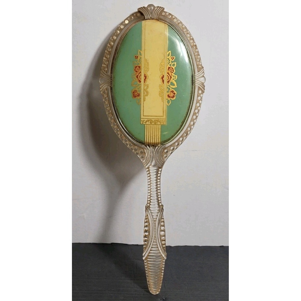 Vintage MCM Oval Art Deco Vanity Hand Mirror Clear Handle Pink Roses Gold Tones